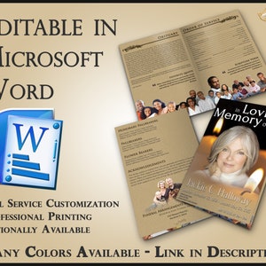 Può includere: Un modello di programma funebre marrone e beige con una foto di una donna e candele. Il programma è modificabile in Microsoft Word e include sezioni per un necrologio, un ordine di servizio, citazioni preferite, versetti biblici, portatori onorari, portatori di bara, portatori di fiori, ringraziamenti e disposizioni funebri. Il programma è disponibile in molti colori.