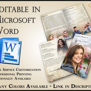 Può includere: Un modello di programma funebre con un design vintage. Il programma include sezioni per un necrologio, l'ordine del servizio, i portatori di bara, i portatori di fiori e ringraziamenti. Il programma è modificabile in Microsoft Word ed è disponibile in molti colori.