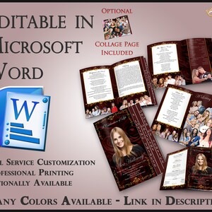 Op de afbeelding: Een rouwprogramma sjabloon in bordeauxrood en goud met een rozenontwerp. Het programma is bewerkbaar in Microsoft Word en bevat een collagepagina. De tekst op het programma luidt "Een viering van het leven" en "Een liefdevolle eerbetoon".