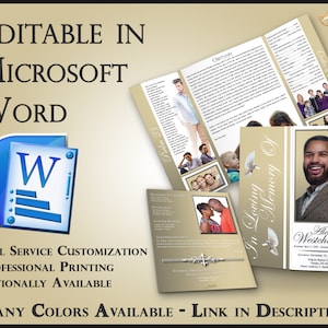 May include: A tri-fold funeral program template in a gold and white color scheme with a dove graphic. The template is editable in Microsoft Word and includes a photo of the deceased, an obituary, and a section for flowers and donations. The program is professionally printed and available in many colors.