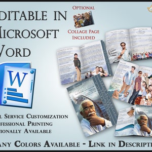 May include: Editable memorial booklet template in Microsoft Word. The template features a blue and gray color scheme with a collage page, order of service, and a loving tributes section. The template is customizable and can be printed professionally.