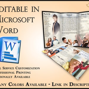 May include: A tri-fold funeral programme template featuring a photograph of a man on the front cover. The programme includes sections for a psalm, obituary, and order of service. The template is editable in Microsoft Word and is available in a range of colours. The text on the front cover reads "In Loving Memory of".