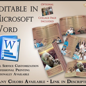 May include: A brown and tan memorial booklet with a collage page included. The booklet is editable in Microsoft Word and features a photo of a man on the cover. The text on the cover reads "In Loving Memory of John Halloway".