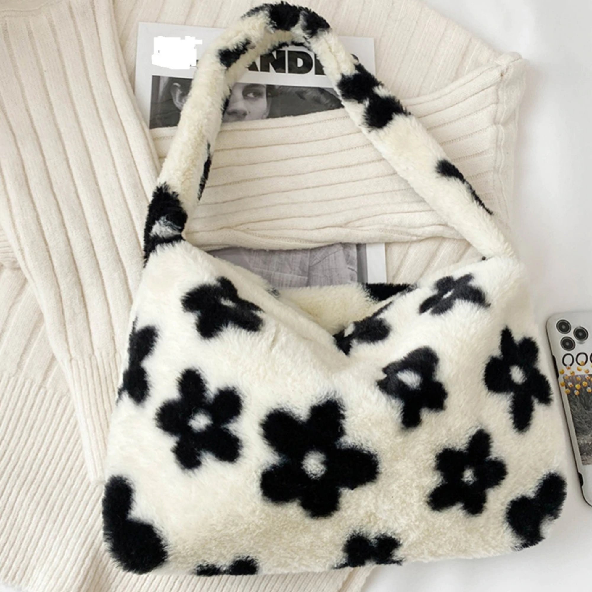 Y2K Fluffy shoulder bag bag handbag floral white black Etsy