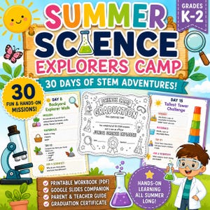 Puede incluir: Un kit educativo Summer Science Explorers Camp que incluye un libro de ejercicios en PDF imprimible, un complemento de Google Slides, una guía para padres y maestros, y un certificado de graduación con microscopio y lupa.