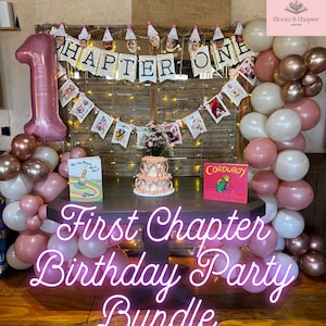 First Chapter Birthday Party Bundle | Editable Storybook First Birthday Templates | First Birthday Invitation, Signs, Banner & Bookmark Set