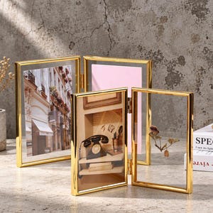 Foldable Golden Floating Frame, Double Sided Frames, 4 Sided Glass Frame for Pressed Flowers. Photos, A4 Certificates Display