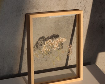 Double Sided Floating Frame for Pressed Flowers & Photos, Birch Veneer Glass Frame, 5x7, 8x10, 11x14 INCHES
