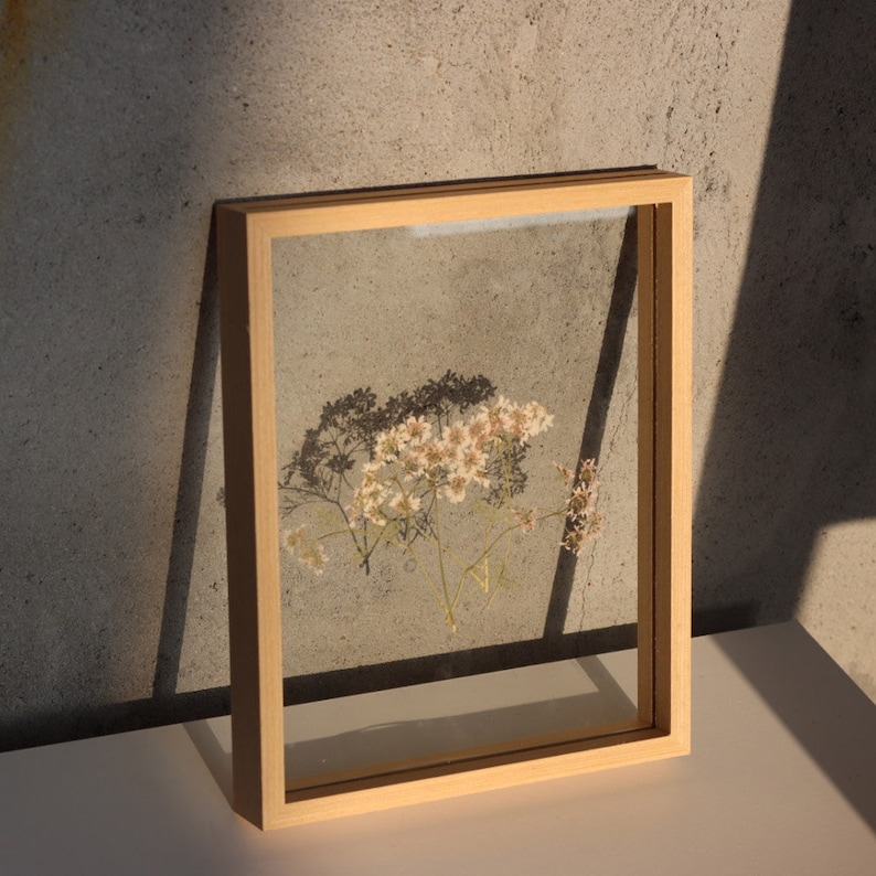 May include: A rectangular light-colored wooden floating frame containing pressed white flowers. The frame features two clear glass panes that hold the delicate botanical specimens in the center, creating a transparent display of the dried floral arrangement.
