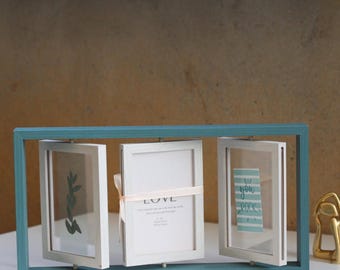 Blue&White Floating Frames, Rotating Tripe Picture Frames, Double Sided Frame for Pressed Flowers, Photos, Coastal Decor