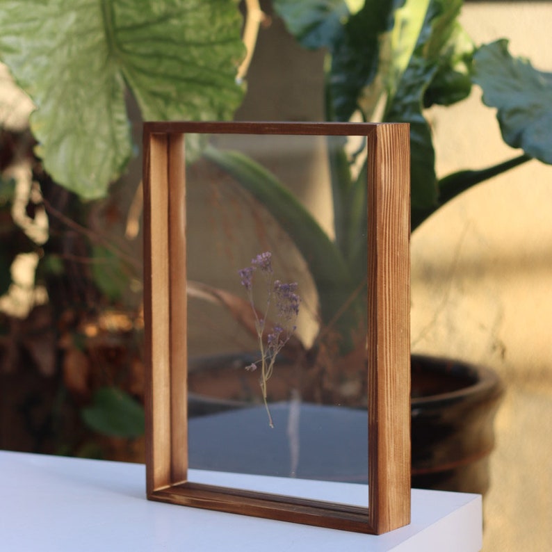 May include: A wooden frame with a clear glass insert, showcasing a pressed purple flower specimen.