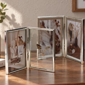 Faltbare, schwebende Bilderrahmen in Silber, doppelseitig verglast, Rahmen für gepresste Blumen und Fotos, A4, 4x6, 6x8 Zoll