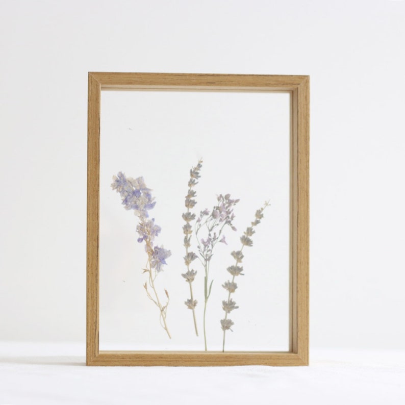 May include: A wooden frame with a clear glass front displays pressed purple and white flowers. The flowers are arranged in a simple, natural design.
