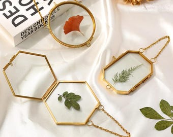 Brass Floating Frame with Pendant,  Double Sided Glass Frame in Round, Octagon, Hexagon, for Pressed Flower Art Gift