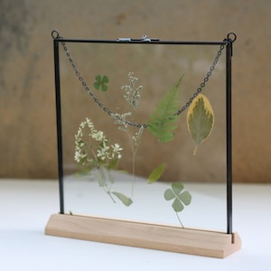 May include: A black metal frame with a wood base holds pressed flowers and leaves. The frame has a chain hanging from the top.