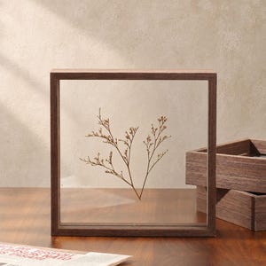 Square Floating Frame in Dark Walnut Veneer, Double Sided Glass, Frame for Pressed Flowers & Photo Display, 4x4, 6x6, 8x8 INCHES