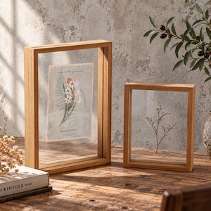 Schwebender Bilderrahmen aus Teakfurnier – Doppelglas & Holz, für gepresste Blumen und Fotos