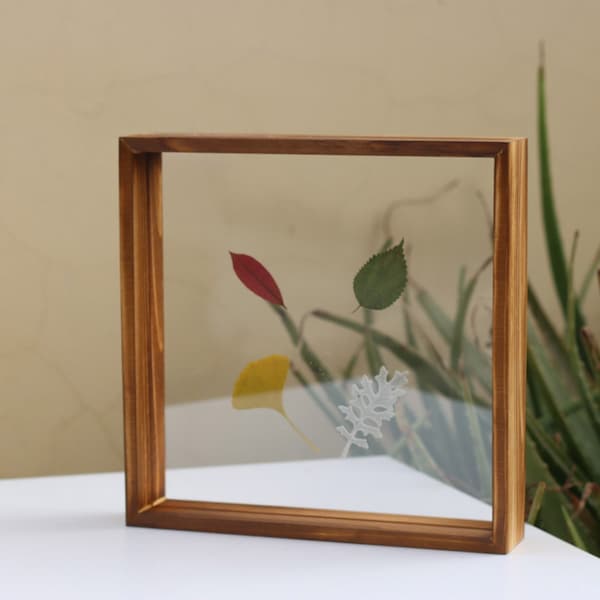 Square Pinewood Floating Frame Darkened, Pressed Flower Frames, Clear Picture Frame, Double Side Frame, 4x4, 6x6, 8x8 INCHES