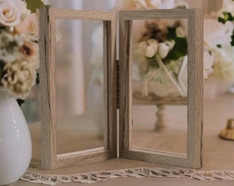 Double Photo Frame In Retro Veneer, Foldable Floating Frame, 4 Sided Picture Frames, Clear Wooden Frame for Collage, Pressed Flowers