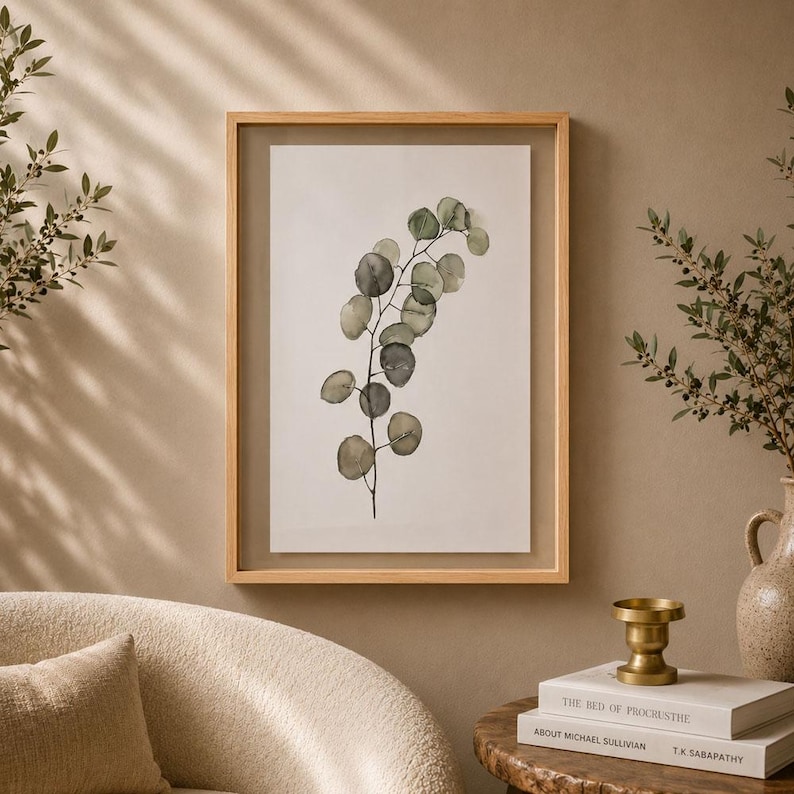 May include: A framed wall art piece featuring a watercolor illustration of a single eucalyptus branch with round, sage green and grey leaves on a white background, enclosed in a light-toned wooden frame with a clear glass front panel.