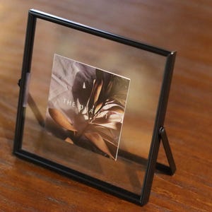 以下が含まれることがあります： 黒い金属製の正方形の写真フレーム。透明なガラスの前面があり、葉のぼやけた画像と「THE DIA」のテキストが印刷された小さなプリントが入っています。フレームは木製の表面に立てられています。