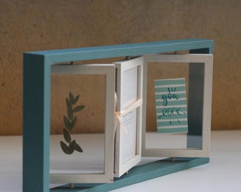 Blue&White Floating Frames, Rotating Tripe Picture Frames, Double Sided Frame for Pressed Flowers, Photos, Coastal Decor
