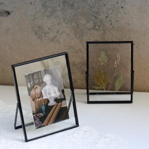 Puede incluir: Dos marcos de fotos de metal negro y vidrio. Un marco contiene una fotografía de una estatua y el texto "CREATIVE ART". El otro marco muestra hojas y flores prensadas. Ambos marcos están sobre una superficie blanca.