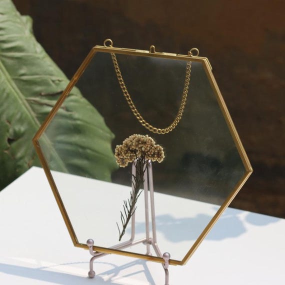 REDHUGO Cornice in vetro fatta a mano per fiori pressati, cornice galleggiante in ottone doppio vetro, immagine rotonda da appendere alla parete, cornice per fiori secchi, decorazione da parete per la