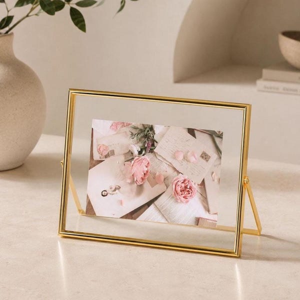 Horizontal Golden Floating Frame, Double Side Glass Frame for Pressed Flowers, Signage, Photos, 4x6, 6x8, 8x10 INCHES