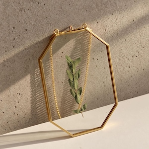 May include: An octagonal glass frame with a thin gold metal border and a matching gold chain for hanging. Inside the two panes of clear glass, a single green eucalyptus sprig is pressed and displayed, creating a floating botanical effect.