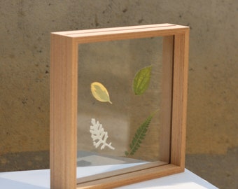 Square Floating Frame in Teak Veneer, Double Sided Frame, Glass Frame for Pressed Flowers, Paintings, Table Signs, 4x4, 6x6, 8x8 INCHES