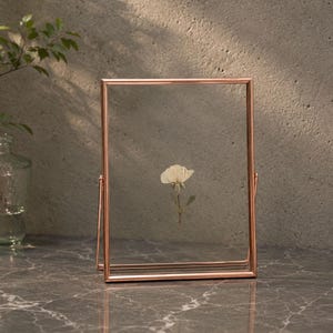 Puede incluir: Un marco de fotos rectangular de metal en color oro rosa con dos paneles de vidrio transparente unidos por un marco fino. Una sola flor blanca prensada está colocada en el centro entre los paneles de vidrio. El marco se sostiene sobre una base de metal.