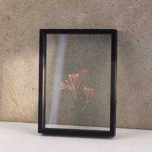 Puede incluir: Un marco flotante rectangular negro que contiene dos delicadas ramitas de flores secas de paniculata rosa prensadas entre dos paneles de vidrio transparente, creando una exhibición que muestra la textura natural de los tallos botánicos.