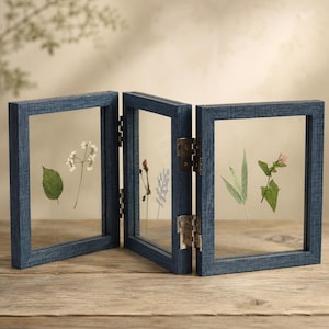 May include: A triptych picture frame with a dark blue wood grain finish and clear glass panels. The three hinged frames contain pressed botanical specimens, including green leaves and small white and pink flowers, held between the glass panes.