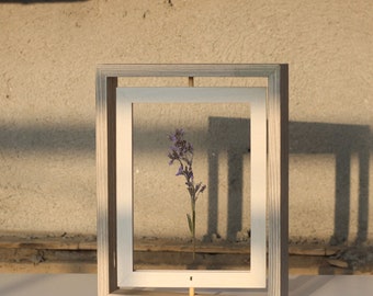 Marco de imagen giratorio blanco y gris, marco flotante de madera, marco de doble cara para flores prensadas, signo de boda, certificado A4