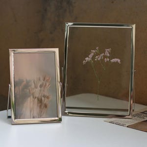 Puede incluir: Dos marcos de fotos rectangulares de metal plateado con paneles de vidrio. El marco más pequeño a la izquierda contiene un arreglo floral seco, mientras que el marco más grande a la derecha muestra una rama de pequeñas flores rosas entre el cristal.