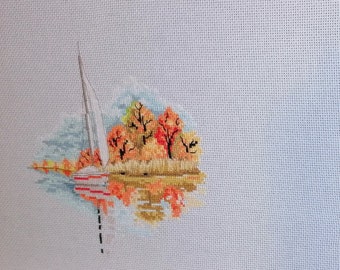 Sails on the Lake in autumn cross stitch handmade finished complete no frame