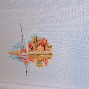 Sails on the Lake in autumn cross stitch handmade finished complete no frame