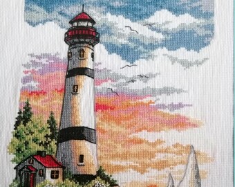 Lighthouse at sunset, finished complete cross stitch, No frame