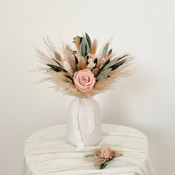 Bruidsboeket droogbloemen roze oudroze blush creme olijftakken pampasgras