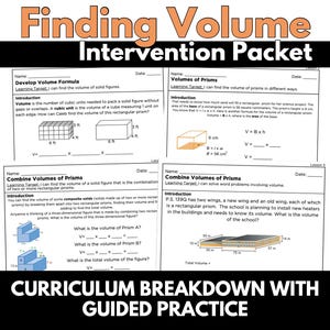 May include: A black and white printable worksheet with the title "Finding Volume Intervention Packet". The worksheet includes instructions and examples for calculating the volume of rectangular prisms and composite solids.
