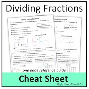 Puede incluir: Una hoja de trucos para dividir fracciones, con instrucciones paso a paso, ejemplos y un organizador gráfico. La guía incluye problemas de palabras y consejos para resolver ecuaciones de fracciones. El título "Dividing Fractions" se muestra en la parte superior.