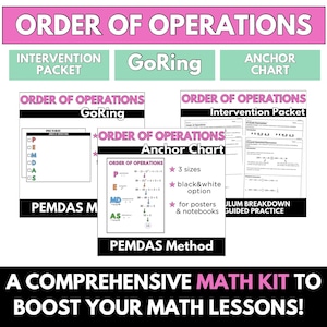 Puede incluir: Un conjunto de recursos educativos imprimibles para enseñar el orden de las operaciones en matemáticas. El conjunto incluye un gráfico de anclaje, un paquete de intervención y una actividad GoRing. El gráfico de anclaje presenta el acrónimo PEMDAS e incluye ejemplos de problemas matemáticos. El paquete de intervención incluye un desglose del orden de las operaciones y problemas de práctica guiados. La actividad GoRing es una forma divertida y atractiva para que los estudiantes practiquen el orden de las operaciones.