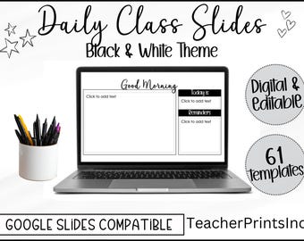 Slides de volta às aulas | Slides diários | Organização de professores | Decoração de sala de aula | Sala de aula em preto e branco | Google Slides