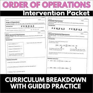 May include: A printable worksheet packet for teaching order of operations in math. The packet includes four lessons with guided practice and examples. The lessons cover topics such as PEMDAS, evaluating expressions, and interpreting numerical expressions.