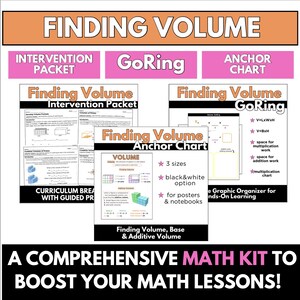 Puede incluir: Un kit de matemáticas para encontrar el volumen para profesores. El kit incluye un paquete de intervención, una tabla de anclaje y una actividad GoRing. La tabla de anclaje presenta un cubo 3D colorido con la fórmula V=LxWxH y V=BxH. El kit está diseñado para ayudar a los estudiantes a aprender a encontrar el volumen.