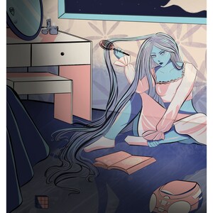 May include: A woman with long blue hair sits on the floor in a bedroom, brushing her hair with a pink brush. She is wearing a pink and white top and pink pants. There is a book on the floor next to her and a boombox on the floor to the right.