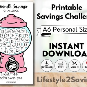 Gumball Savings Challenge, A6 Personal Size, Printable Savings Challenge, Print at Home Savings Challenge, Digital Savings Challenge