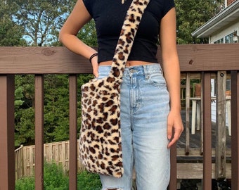 fluffy cheetah print tote bag