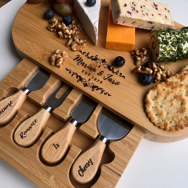 Personalised cheese board set | Because Romance Is Cheesy quote | Wedding | Anniversary Gift